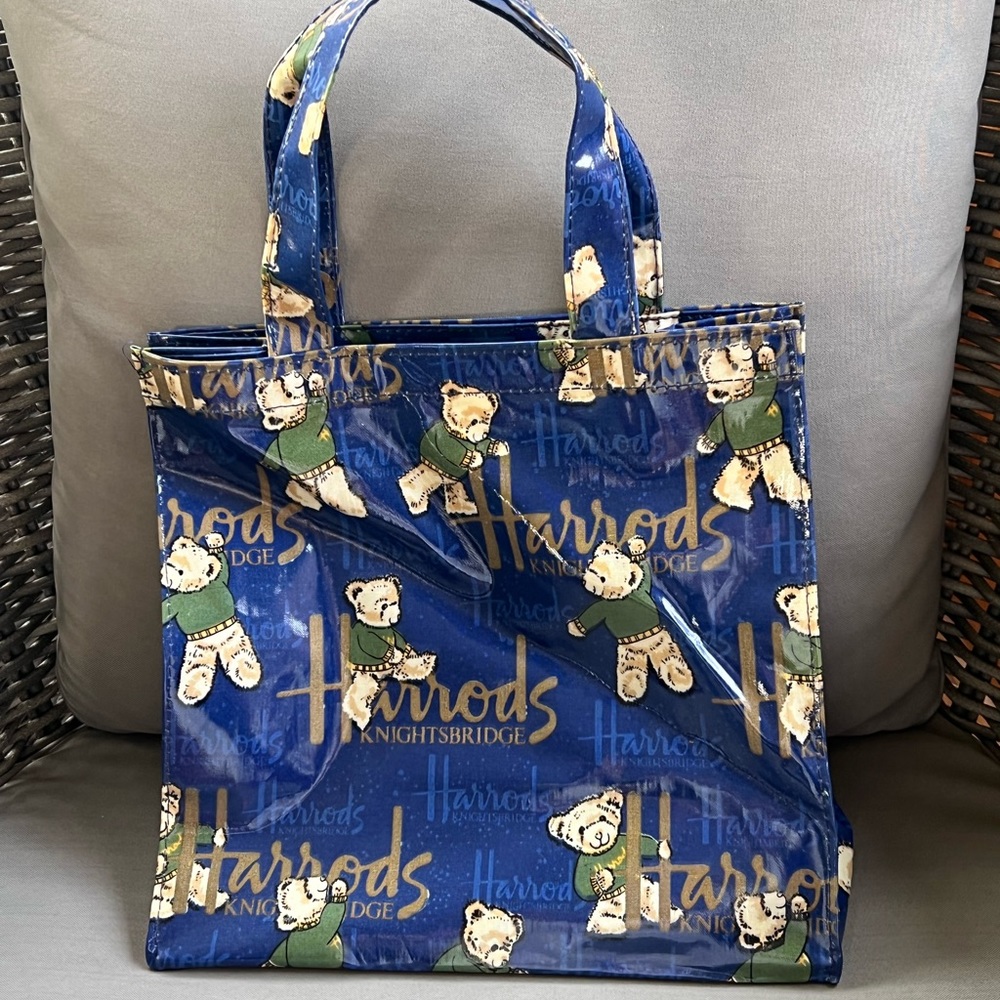 Harrods Vintage Small Oilcloth Tote Navy with Bears